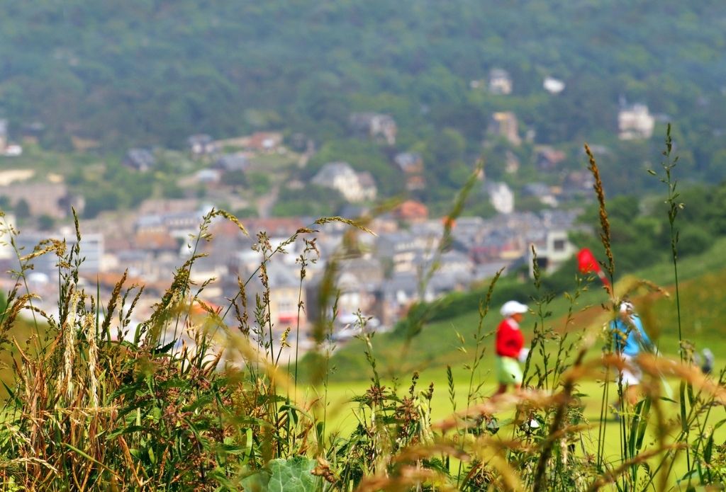 Golf courses in Normandy France -Etretrat Course looking from cliffs to old town